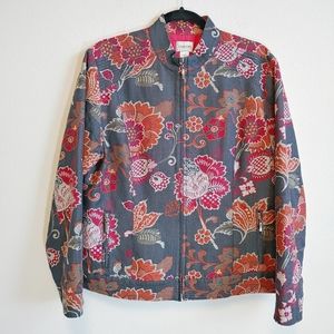 Chico's Floral Zip-Front Jacket in Gray, Pink & Orange